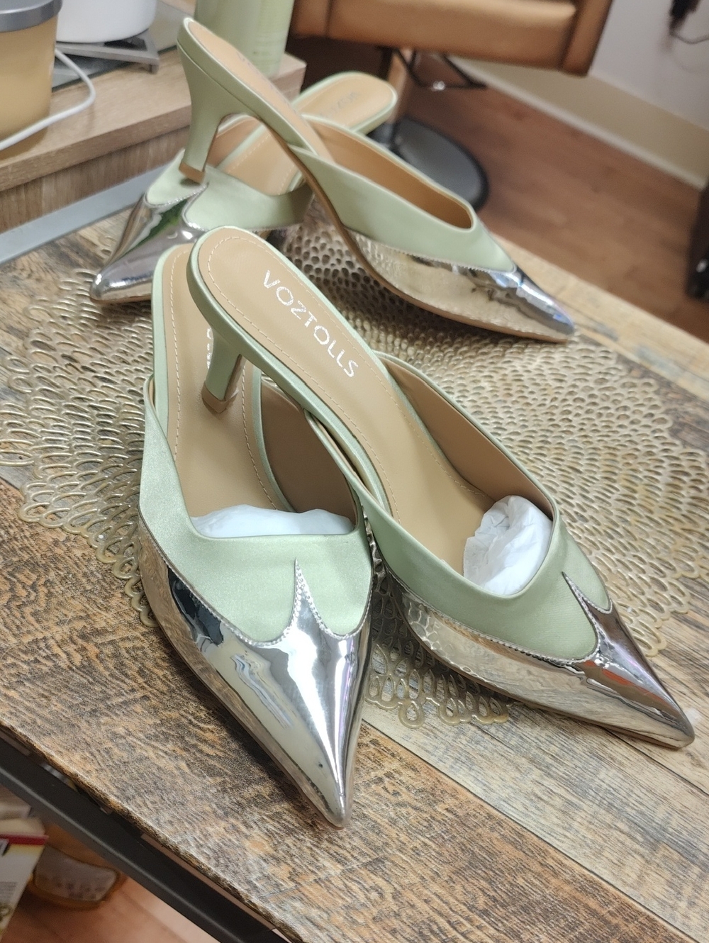 Unique! Metallic Silver & Sage Green Pointed-Toe Mule Heels